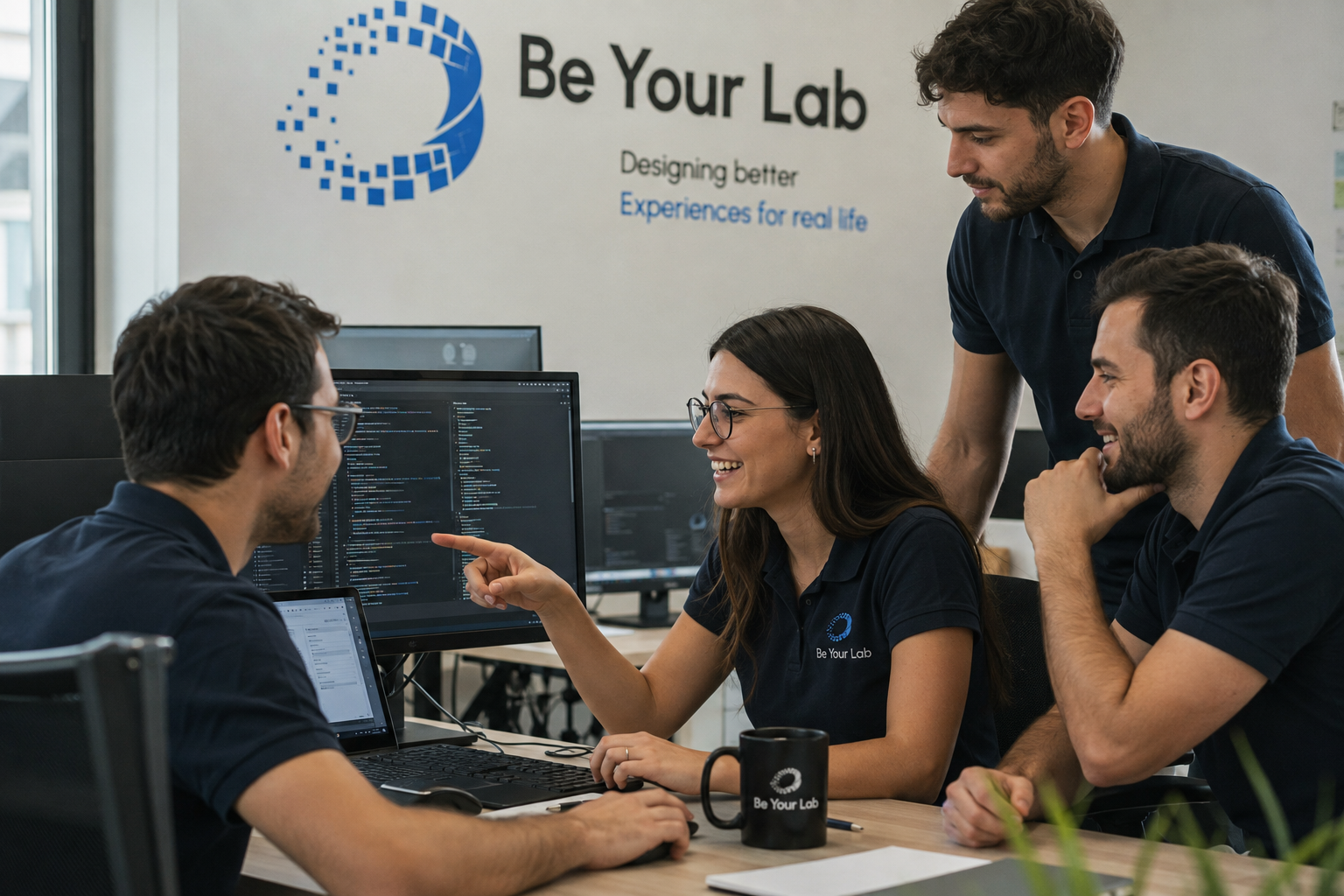 Il team Be Your Lab impegnato in una attività brainstorming di progettazione